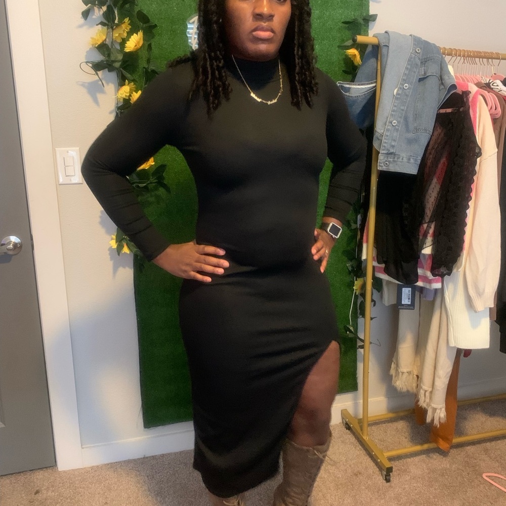 Black long sleeve mock neck dress with split